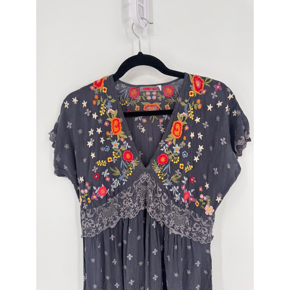 Johnny Was Dress Women S Grey Embroidered Lace Trim Boho Midi Oversized - Picture 5 of 15